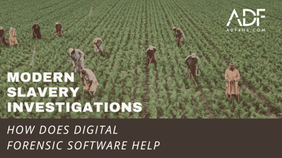 Image of a farm field with men working in the field a title at the bottom says How does digital forensic software aid in modern slavery investigations?