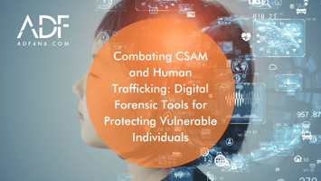 Side profile photo of a young girl of Asian race surrounded by holographic images of technology with an orange transparent circle containing title Combating CSAM and Human Trafficking: Digital Forensic Tools for Protecting Vulnerable Individuals