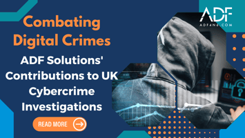 geometric photo of a male with a gray hoody trying to unlock a computer with passcodes, on the left side reads a title in orange and white that reads Combating Digital Crimes: ADF Solutions' Contributions to UK Cybercrime Investigations