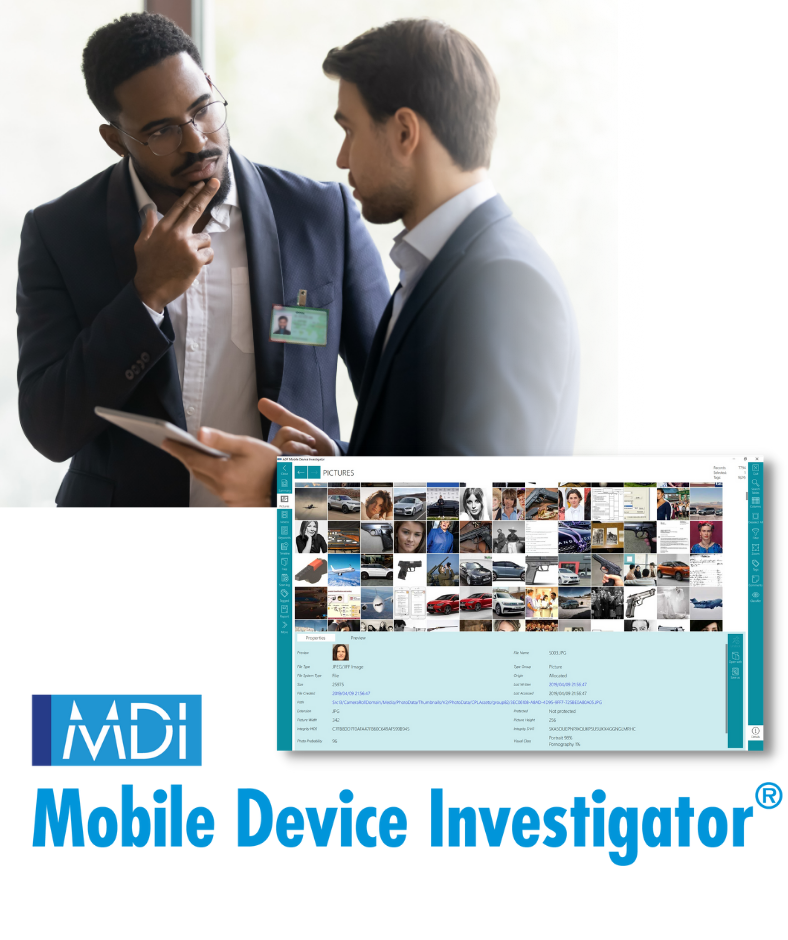 Mobile Device Investigator screen with investigators discussing a digital forensic case evidence