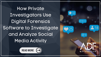 photo of a phone with social media likes icons, email, and contact icons. to the left a title in right reads How Private Investigators Use Digital Forensics Software to Investigate and Analyze Social Media Activity