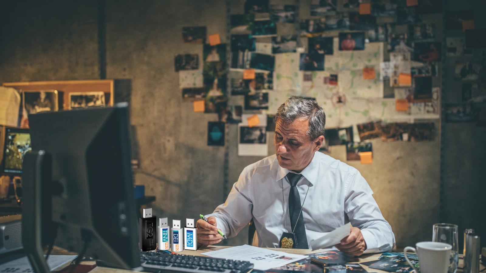 Investigator looking at case file in office with ADF dongles on desk near Windows desktop computer