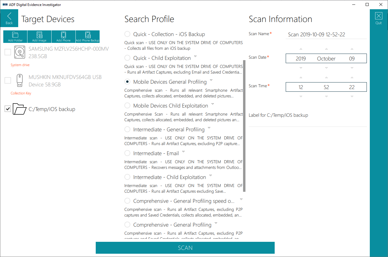 ADF Digital Evidence Investigator Search Profiles Screen